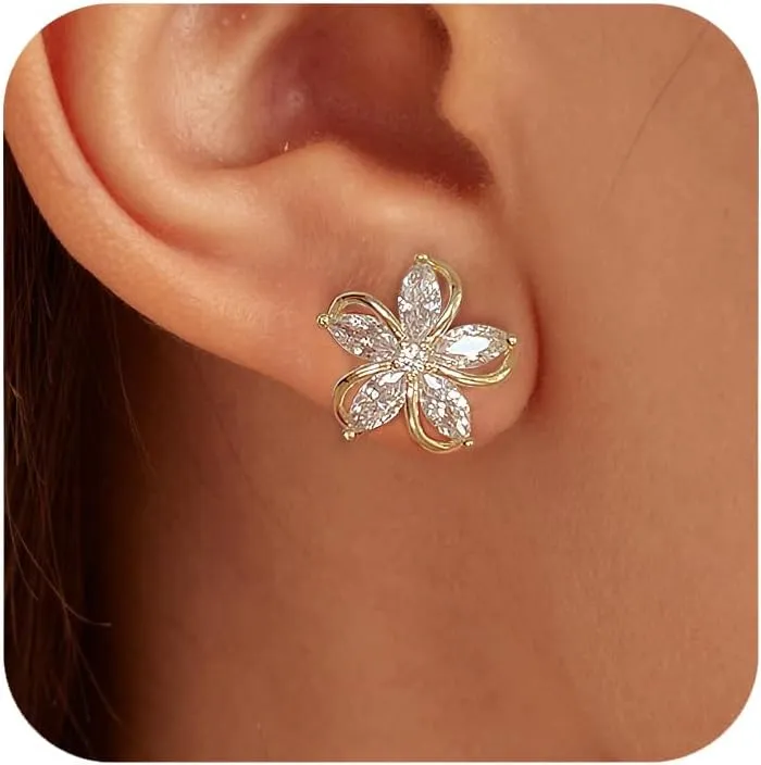 925 Sterling Silver Flower Cubic Zirconia Stud Earring for Women 14K Gold Plated Floral Crystal Earring Cute Blossom Trendy Hypoallergenic Earring Jewelry Christmas Gifts for Monther