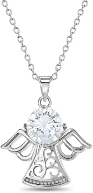 925 Sterling Silver Girl's 16" Cubic Zirconia Guardian Angel Protector Necklace - Elegant Box Chain Charm Pendant Necklaces for Children & Preteens - Religious CZ Angel Jewelry for Young Girls