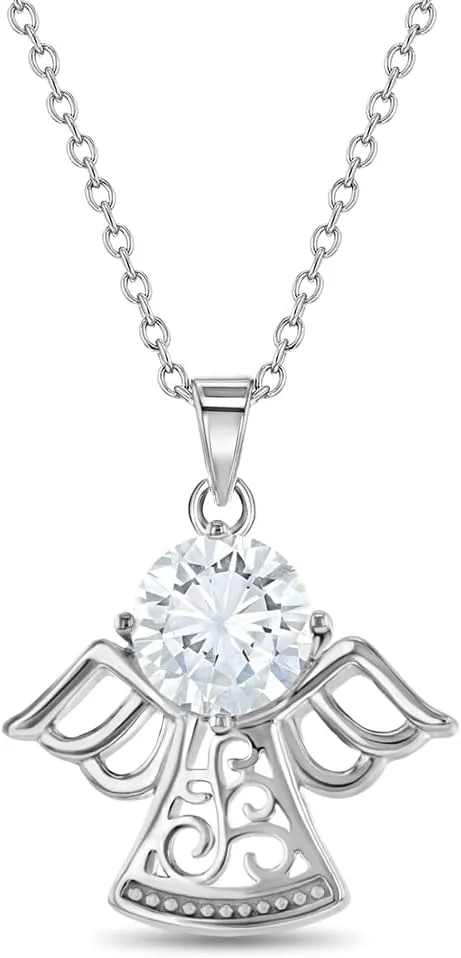 925 Sterling Silver Girl's 16" Cubic Zirconia Guardian Angel Protector Necklace - Elegant Box Chain Charm Pendant Necklaces for Children & Preteens - Religious CZ Angel Jewelry for Young Girls