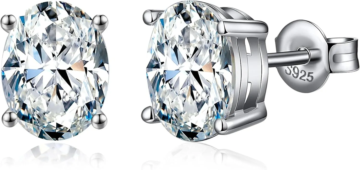 925 Sterling Silver Oval Brilliant Lab Simulation Diamond Stud Earrings 5A Cubic Zirconia Stud Earrings Hypoallergenic White Gold Plated (4MM to 7MM)