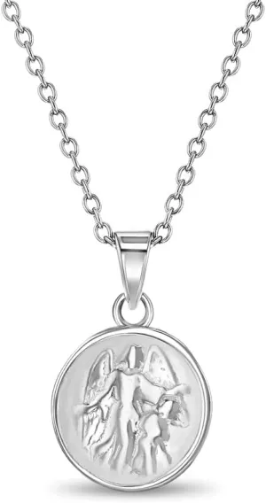 925 Sterling Silver Religious 16" Guardian Angel Round Medal Pendant Necklace for Little Girls - Small Protector Charm Link Chain Necklaces - Elegant Angel Medallion Jewelry for Children & Preteens
