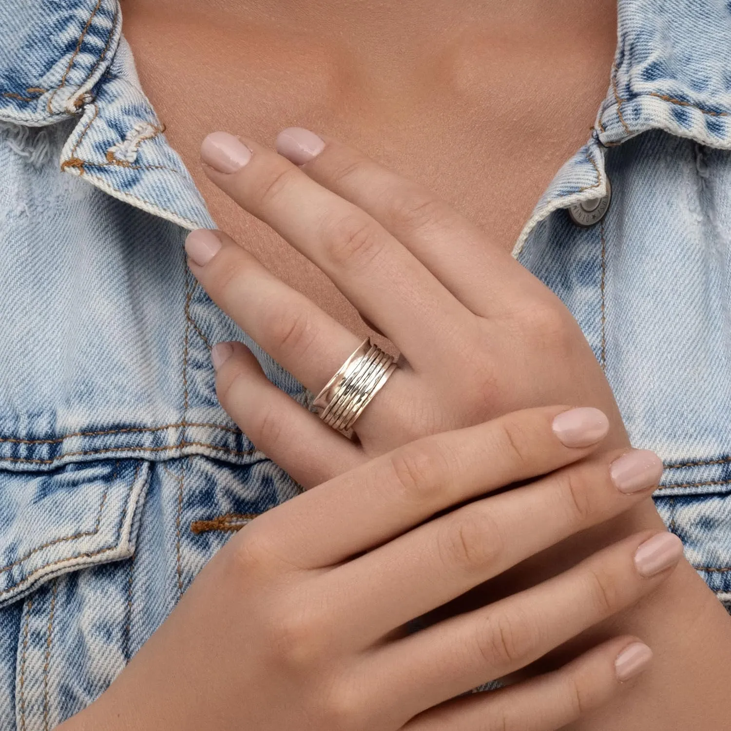 925 Sterling Silver Rotating Spinner Band Ring Wrapped With 5 Hammerd Spinner Rings, Stylish, Hypoallergenic, Nickel & Lead-free, Artisan Handcrafted Designer Collection, Made in Israel