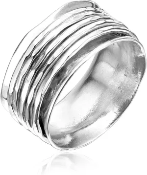 925 Sterling Silver Rotating Spinner Band Ring Wrapped With 5 Hammerd Spinner Rings, Stylish, Hypoallergenic, Nickel & Lead-free, Artisan Handcrafted Designer Collection, Made in Israel