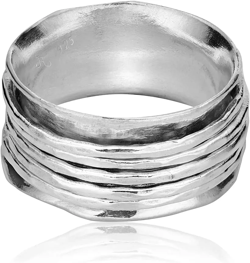 925 Sterling Silver Rotating Spinner Band Ring Wrapped With 5 Hammerd Spinner Rings, Stylish, Hypoallergenic, Nickel & Lead-free, Artisan Handcrafted Designer Collection, Made in Israel