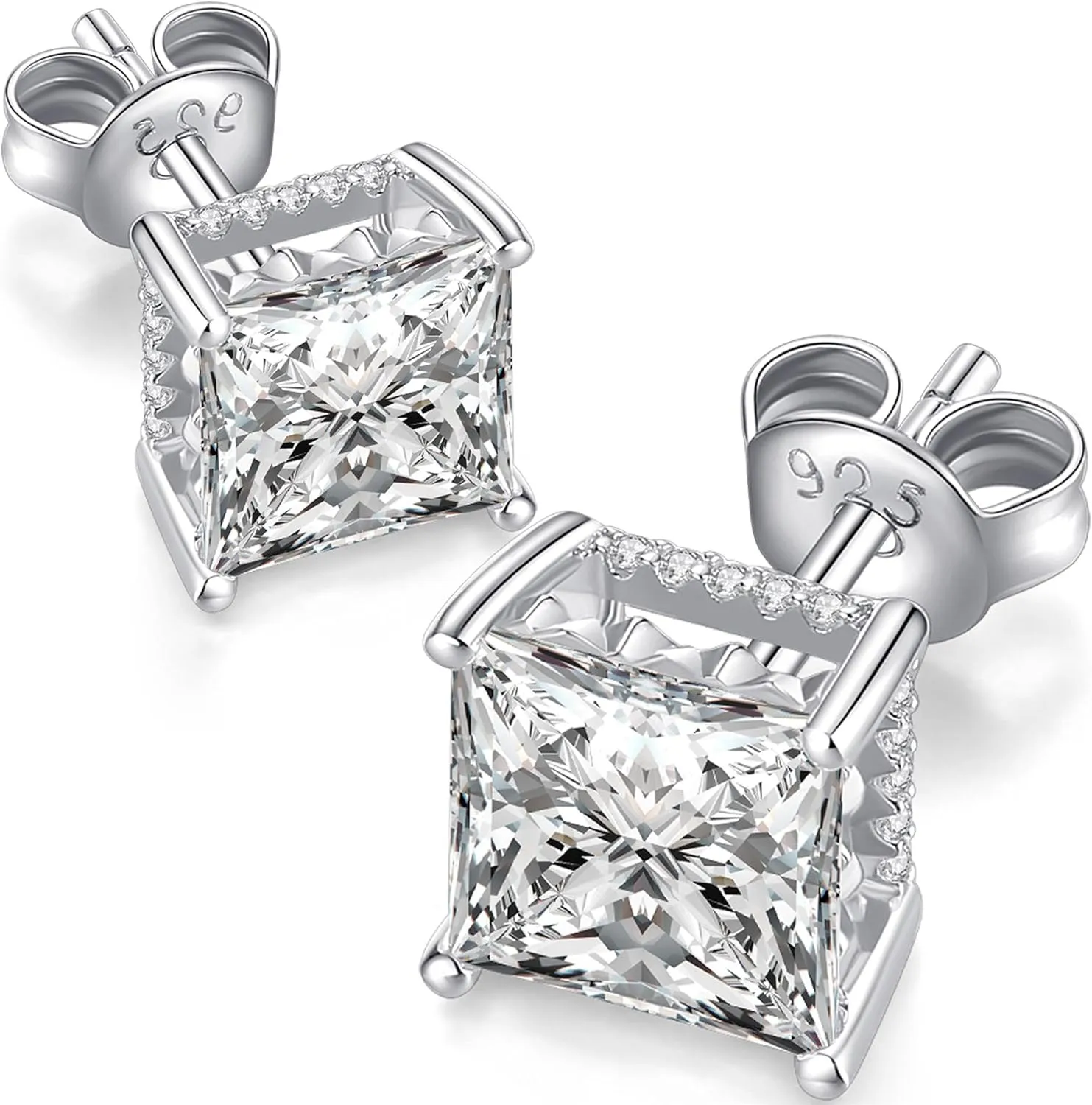 925 Sterling Silver Round Brilliant Cut & Princess Cut Cubic Zirconia Stud Earrings for Women Men Hypoallergenic Silver Post Stud Earrings Nickel Free Fine Jewelry (With Gift Box)