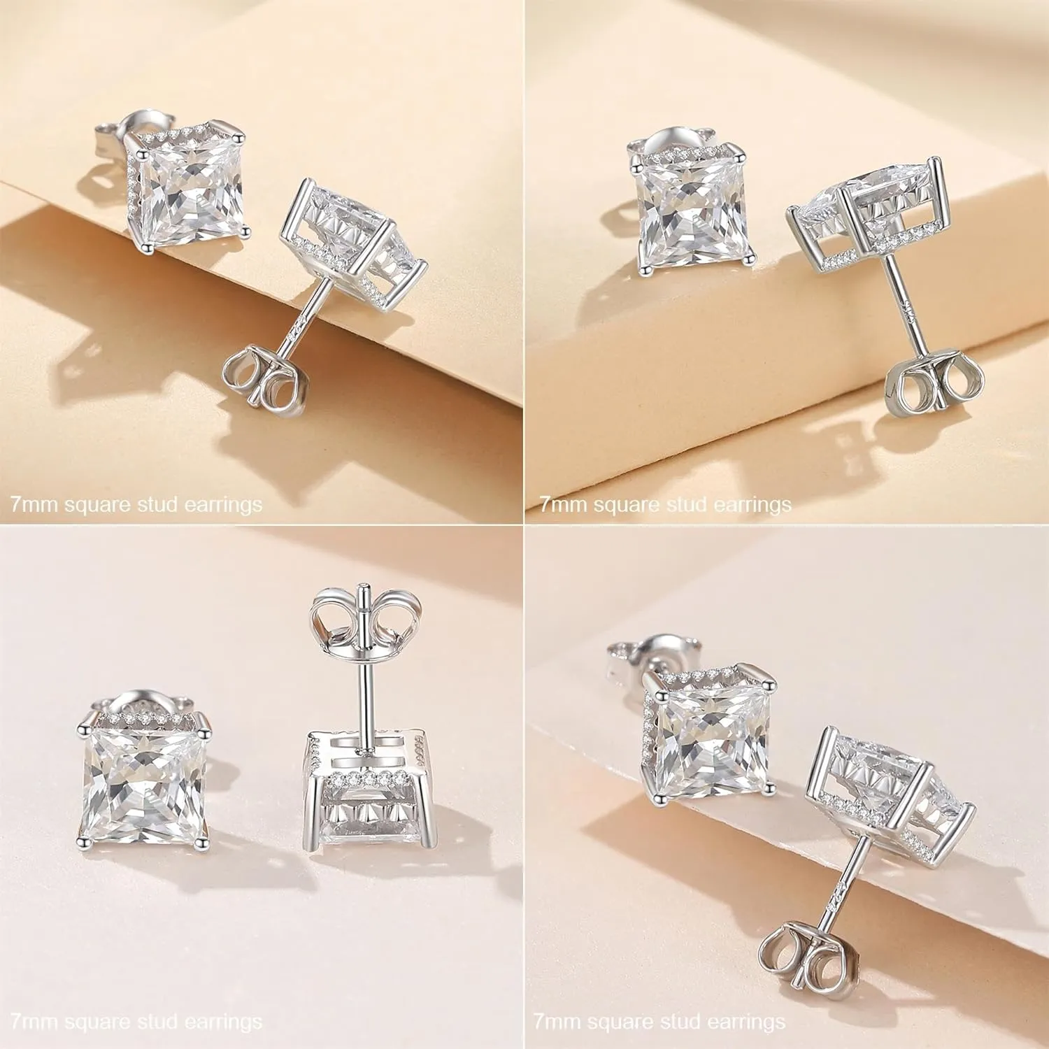 925 Sterling Silver Round Brilliant Cut & Princess Cut Cubic Zirconia Stud Earrings for Women Men Hypoallergenic Silver Post Stud Earrings Nickel Free Fine Jewelry (With Gift Box)