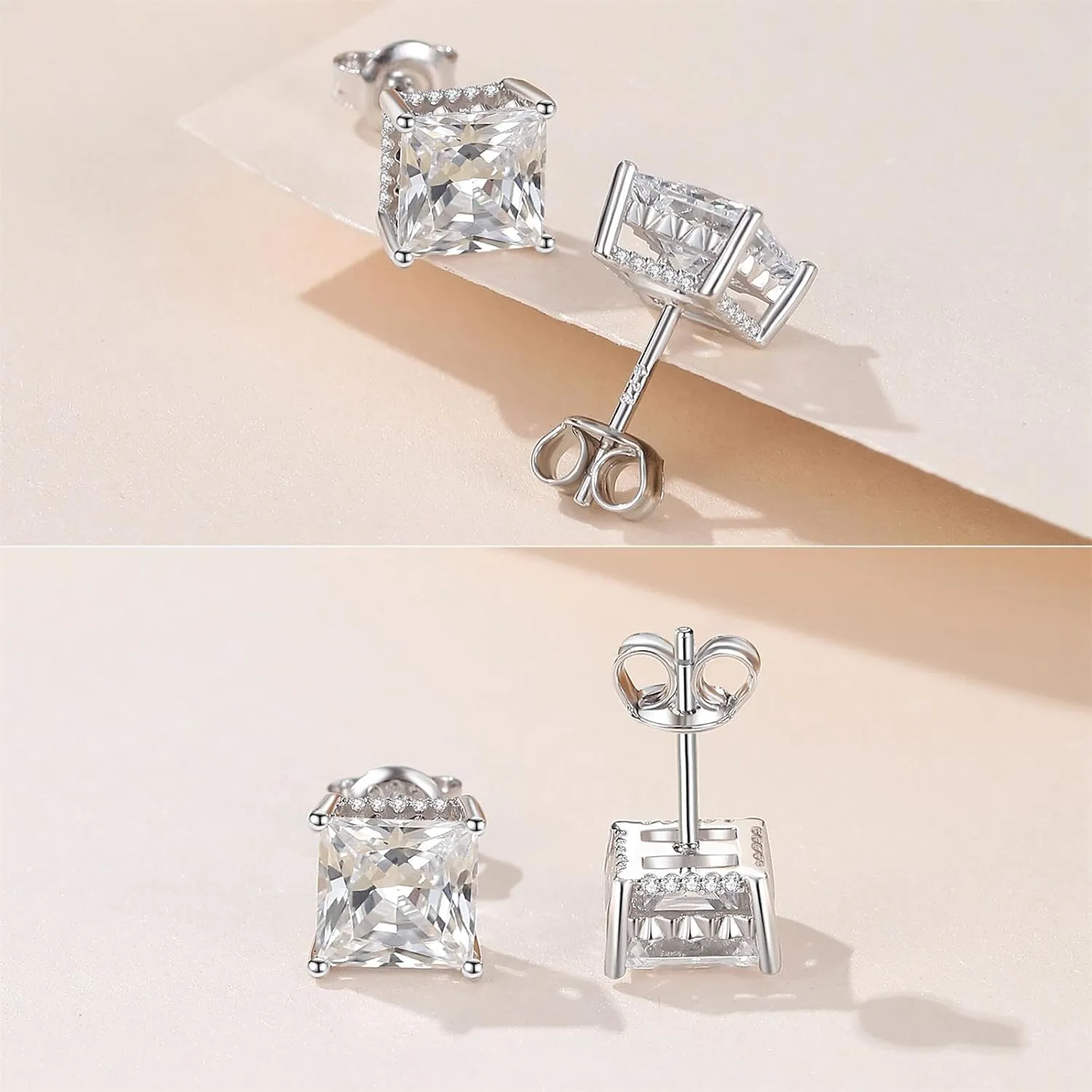 925 Sterling Silver Round Brilliant Cut & Princess Cut Cubic Zirconia Stud Earrings for Women Men Hypoallergenic Silver Post Stud Earrings Nickel Free Fine Jewelry (With Gift Box)