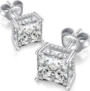 925 Sterling Silver Round Brilliant Cut & Princess Cut Cubic Zirconia Stud Earrings for Women Men Hypoallergenic Silver Post Stud Earrings Nickel Free Fine Jewelry (With Gift Box)