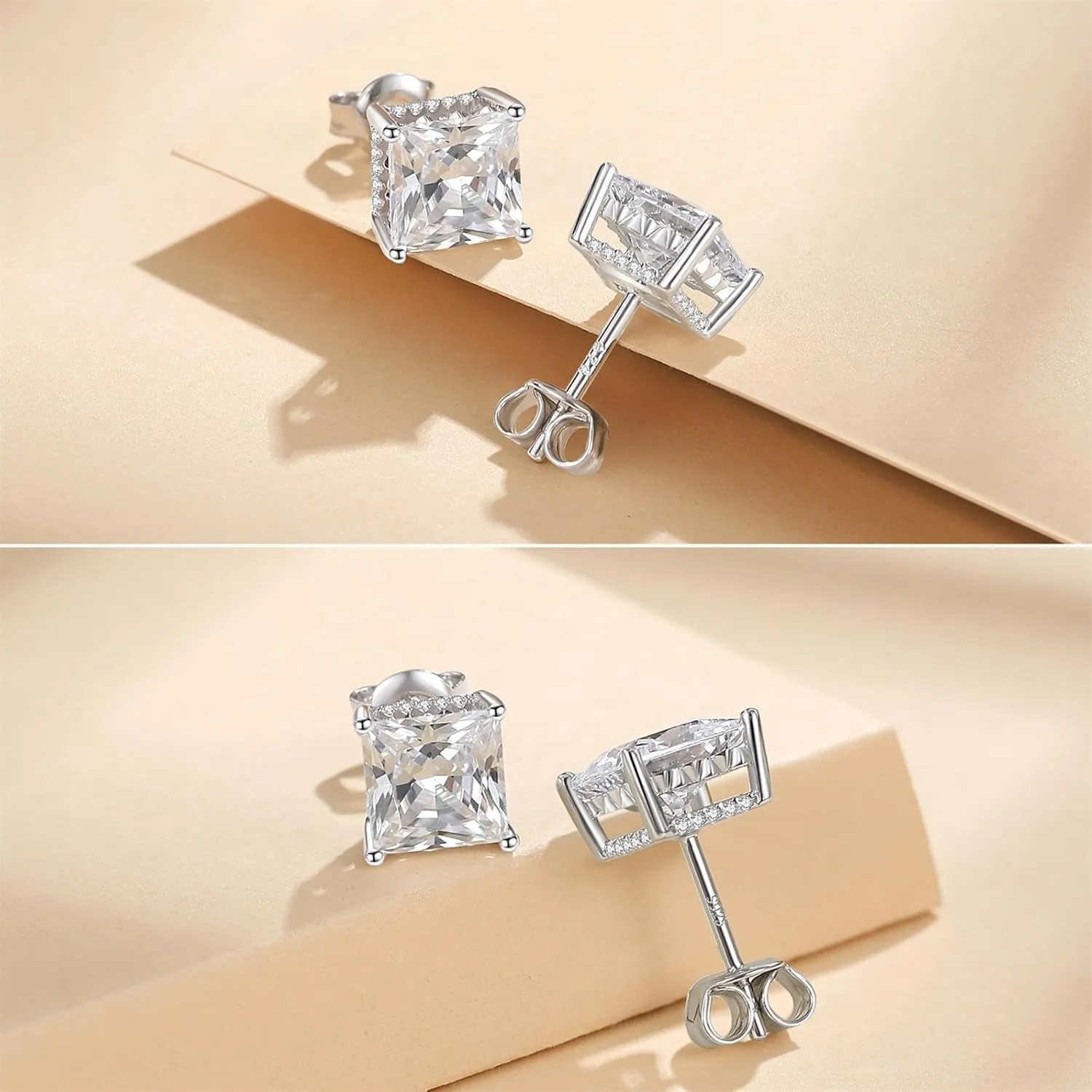 925 Sterling Silver Round Brilliant Cut & Princess Cut Cubic Zirconia Stud Earrings for Women Men Hypoallergenic Silver Post Stud Earrings Nickel Free Fine Jewelry (With Gift Box)