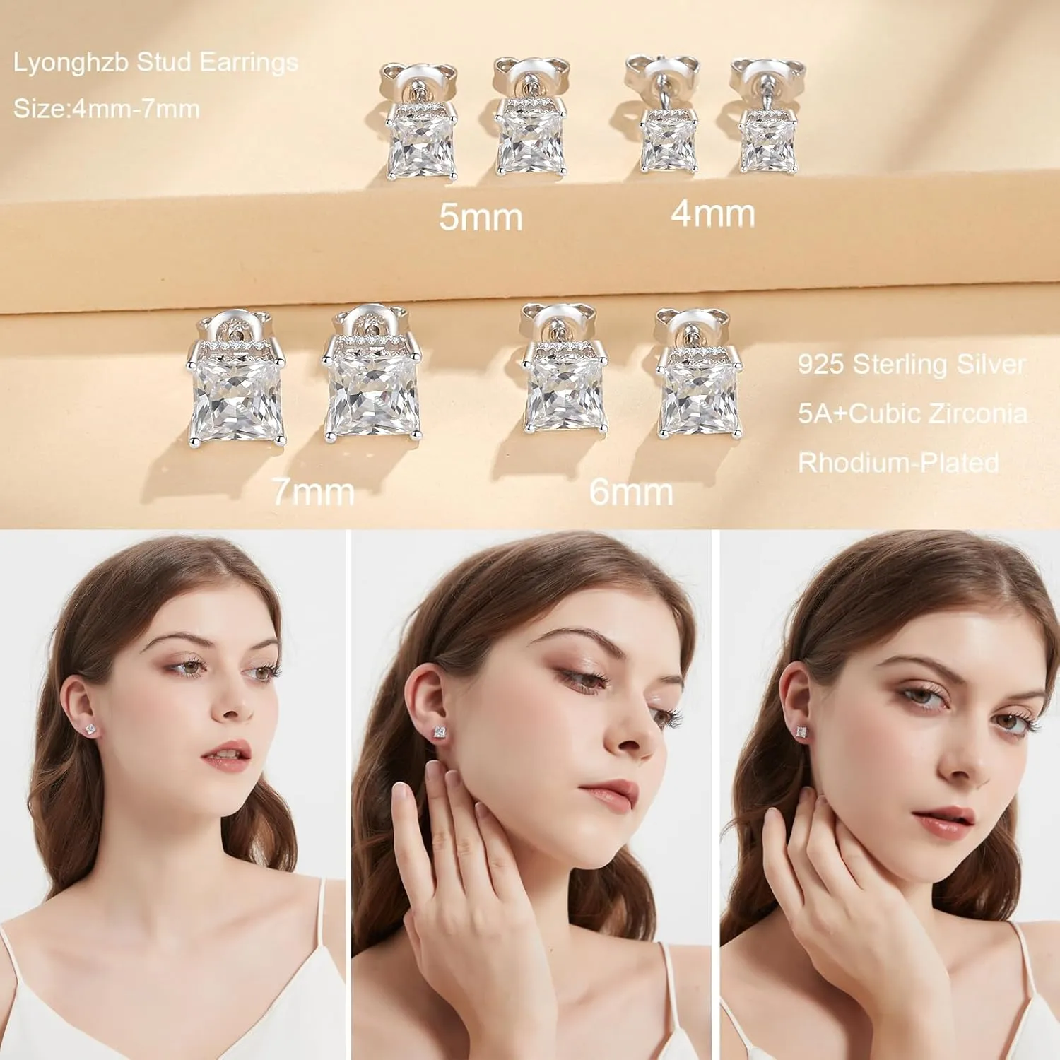 925 Sterling Silver Round Brilliant Cut & Princess Cut Cubic Zirconia Stud Earrings for Women Men Hypoallergenic Silver Post Stud Earrings Nickel Free Fine Jewelry (With Gift Box)
