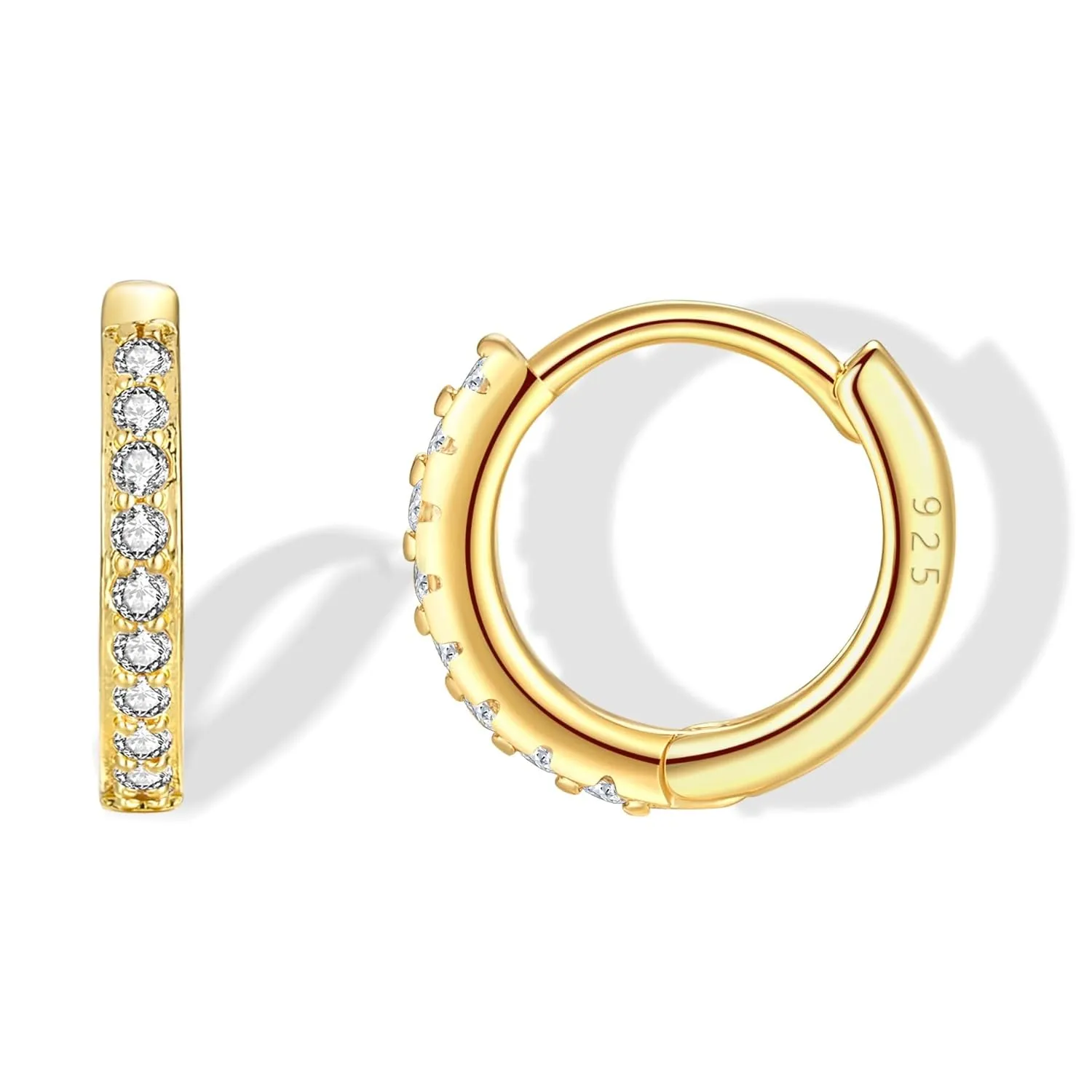 925 Sterling Silver Small Gold Huggie Hoop Earrings for Women,14K Gold Plated Cubic Zirconia Tiny Hoops for Cartilage, Helix, Tragus, Dainty Lightweight Hypoallergenic Earrings (Gold, 8mm)