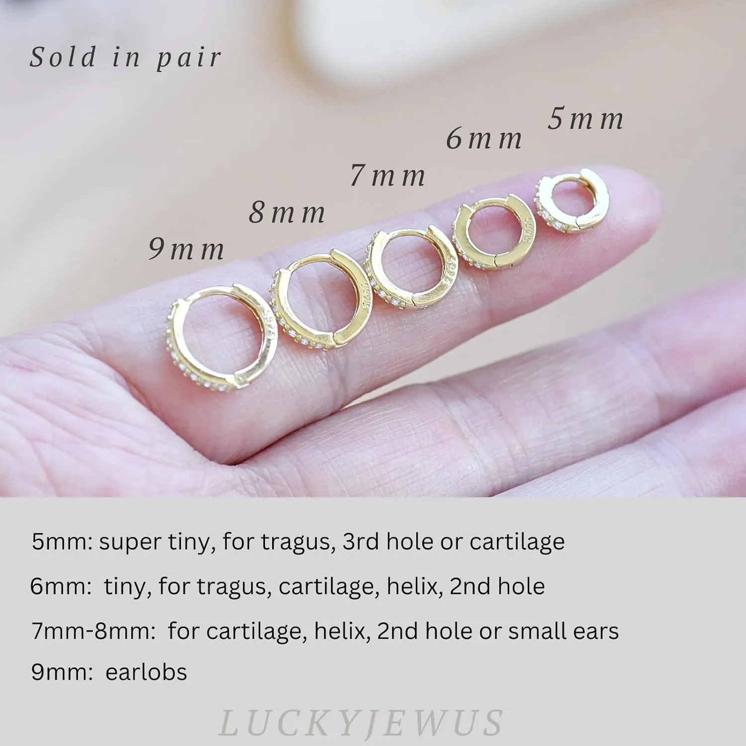 925 Sterling Silver Small Gold Huggie Hoop Earrings for Women,14K Gold Plated Cubic Zirconia Tiny Hoops for Cartilage, Helix, Tragus, Dainty Lightweight Hypoallergenic Earrings (Gold, 8mm)