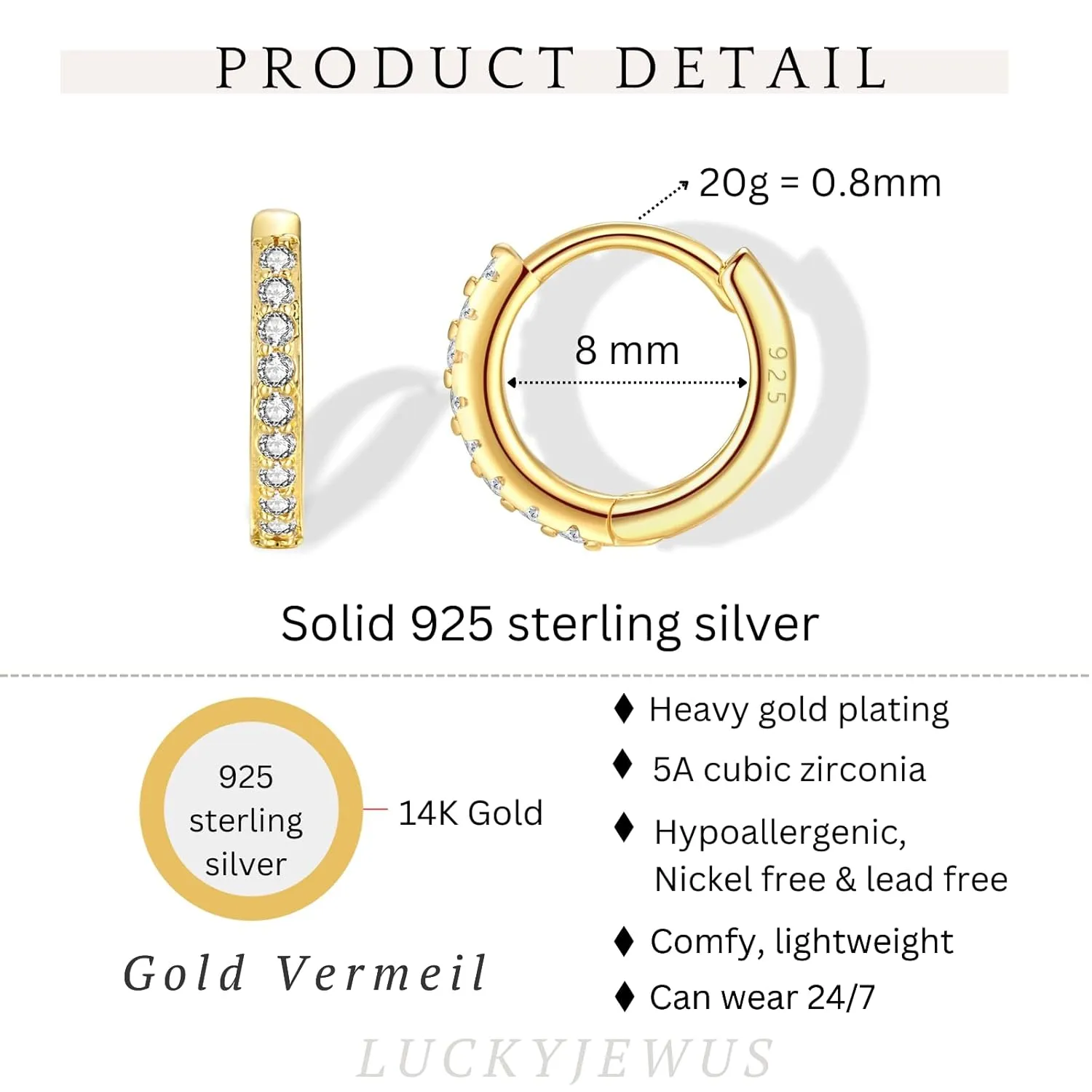 925 Sterling Silver Small Gold Huggie Hoop Earrings for Women,14K Gold Plated Cubic Zirconia Tiny Hoops for Cartilage, Helix, Tragus, Dainty Lightweight Hypoallergenic Earrings (Gold, 8mm)