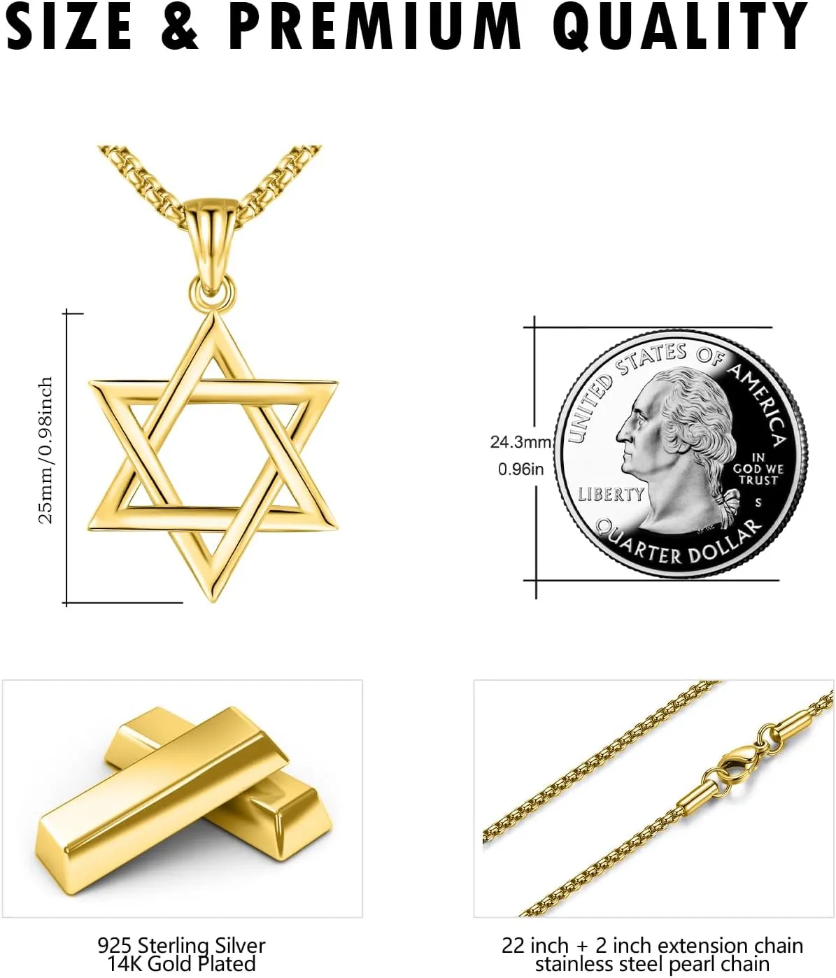 925 Sterling Silver Star of David Pendant Necklace with Stainless Steel Chain