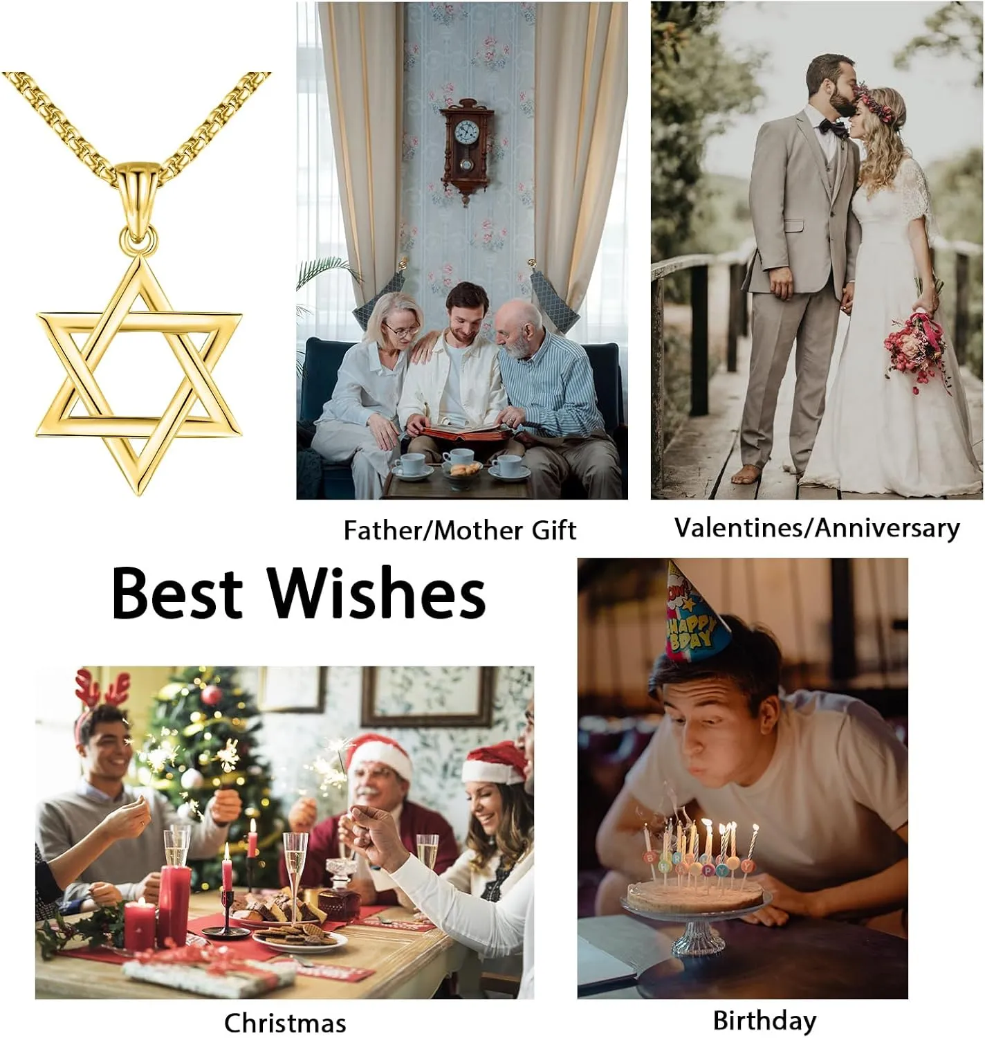 925 Sterling Silver Star of David Pendant Necklace with Stainless Steel Chain