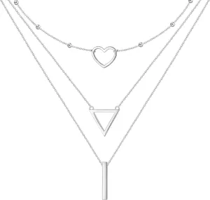 925 Sterling Silver Triangles Hearts Stripes Three Layered Necklaces for Women Unique Adjustable Chain 16/18/20 2" Birthday Thanksgiving Christmas Jewelry For Present