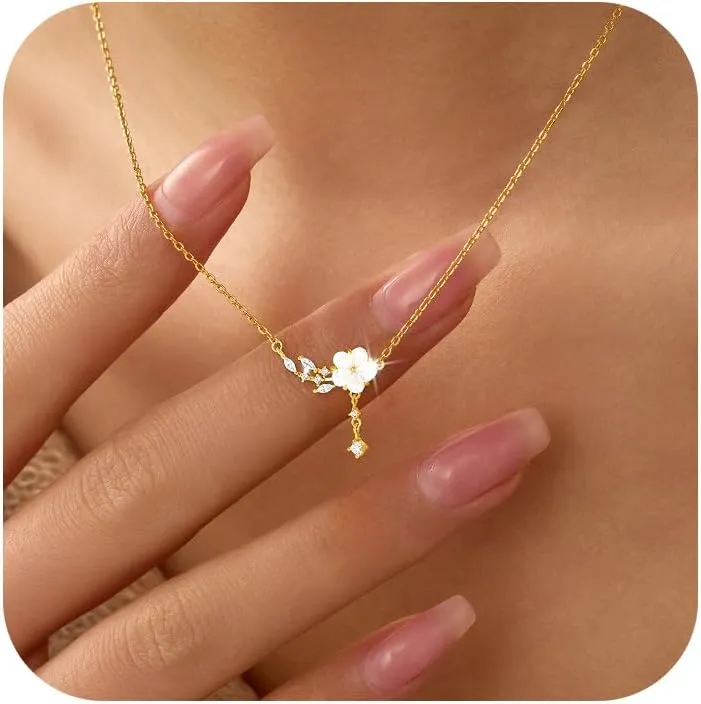925 Sterling Silver White Shell Flower Pendant Necklaces for Women Dainty 14K Gold Plated Cute Floral Lucky Leaf CZs Chain to Daugther Mom Elegant Beach Wedding Choker Graduation Jewelry Gift for Her