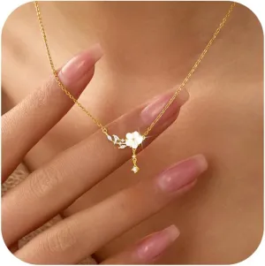 925 Sterling Silver White Shell Flower Pendant Necklaces for Women Dainty 14K Gold Plated Cute Floral Lucky Leaf CZs Chain to Daugther Mom Elegant Beach Wedding Choker Graduation Jewelry Gift for Her