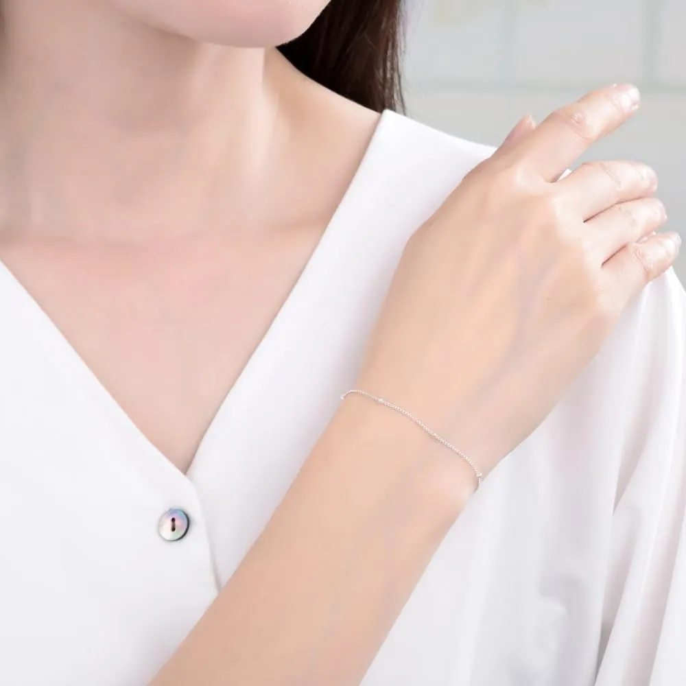 Adabele Solid Sterling Silver 18K White Gold Satellite Bead Station Chain Bracelet Elegant Dainty Thin Cute Hypoallergenic Nickel Free Made In Italy Women Jewelry