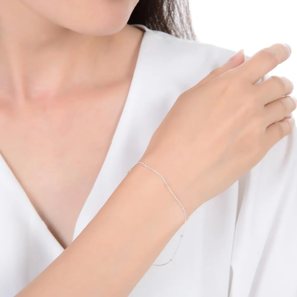 Adabele Solid Sterling Silver 18K White Gold Satellite Bead Station Chain Bracelet Elegant Dainty Thin Cute Hypoallergenic Nickel Free Made In Italy Women Jewelry