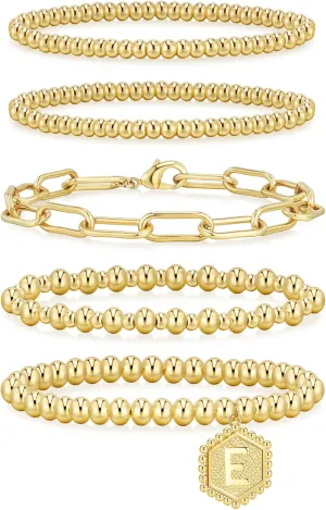 adoyi Gold Bracelets for Women Waterproof, 14K Gold Plated Beaded Strand Bead Ball Bracelets stack Adjustable Jewelry Set for Gifts
