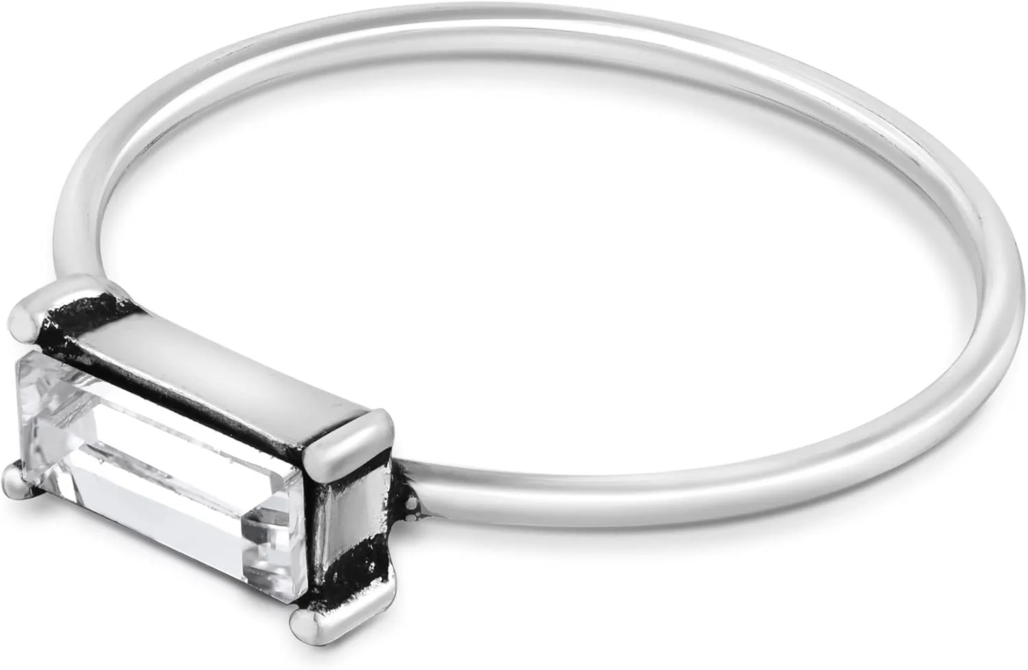 AeraVida Classic Solitaire Baguette Crystal Rectangle .925 Sterling Silver Band Ring