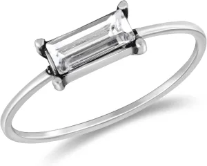 AeraVida Classic Solitaire Baguette Crystal Rectangle .925 Sterling Silver Band Ring