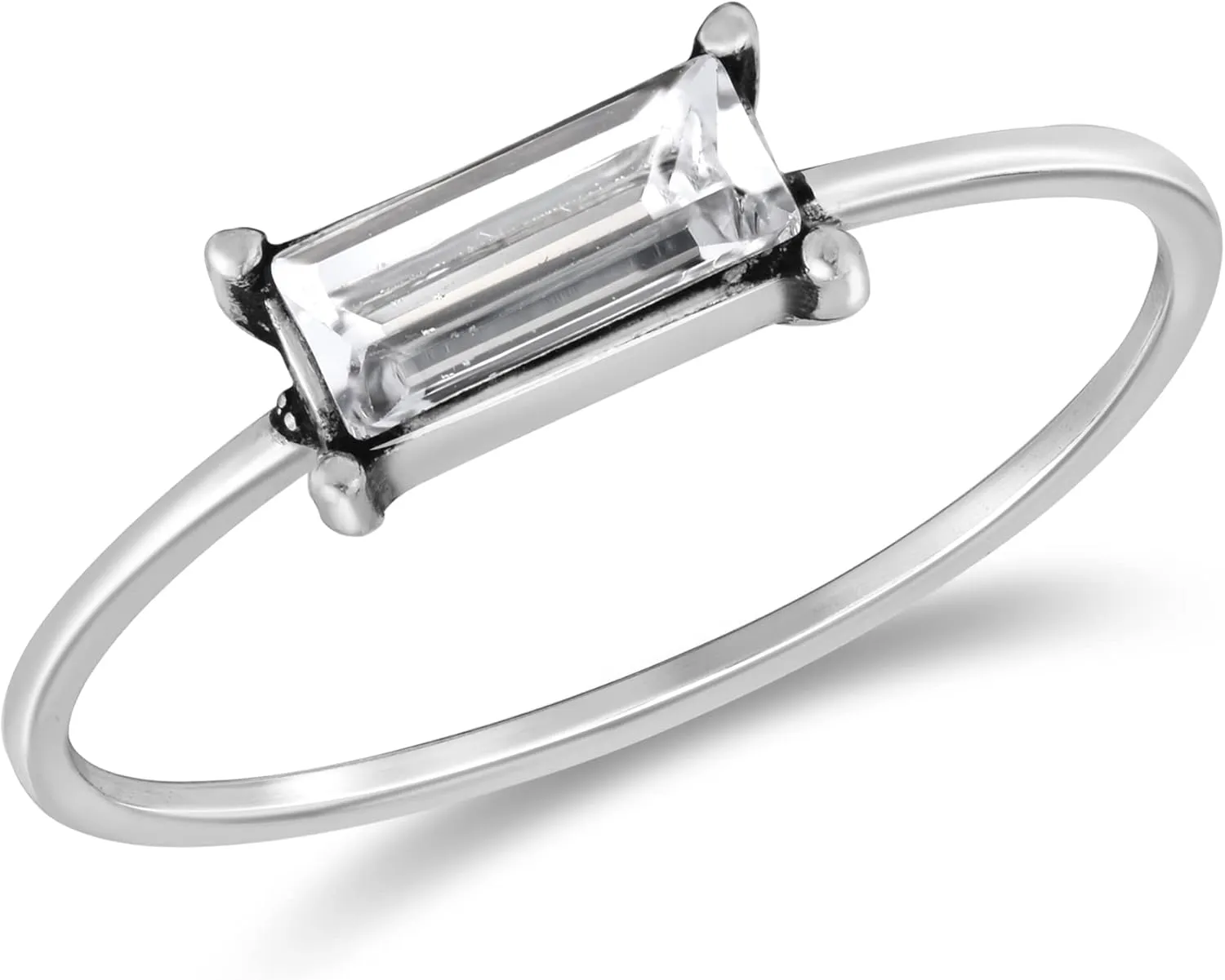 AeraVida Classic Solitaire Baguette Crystal Rectangle .925 Sterling Silver Band Ring