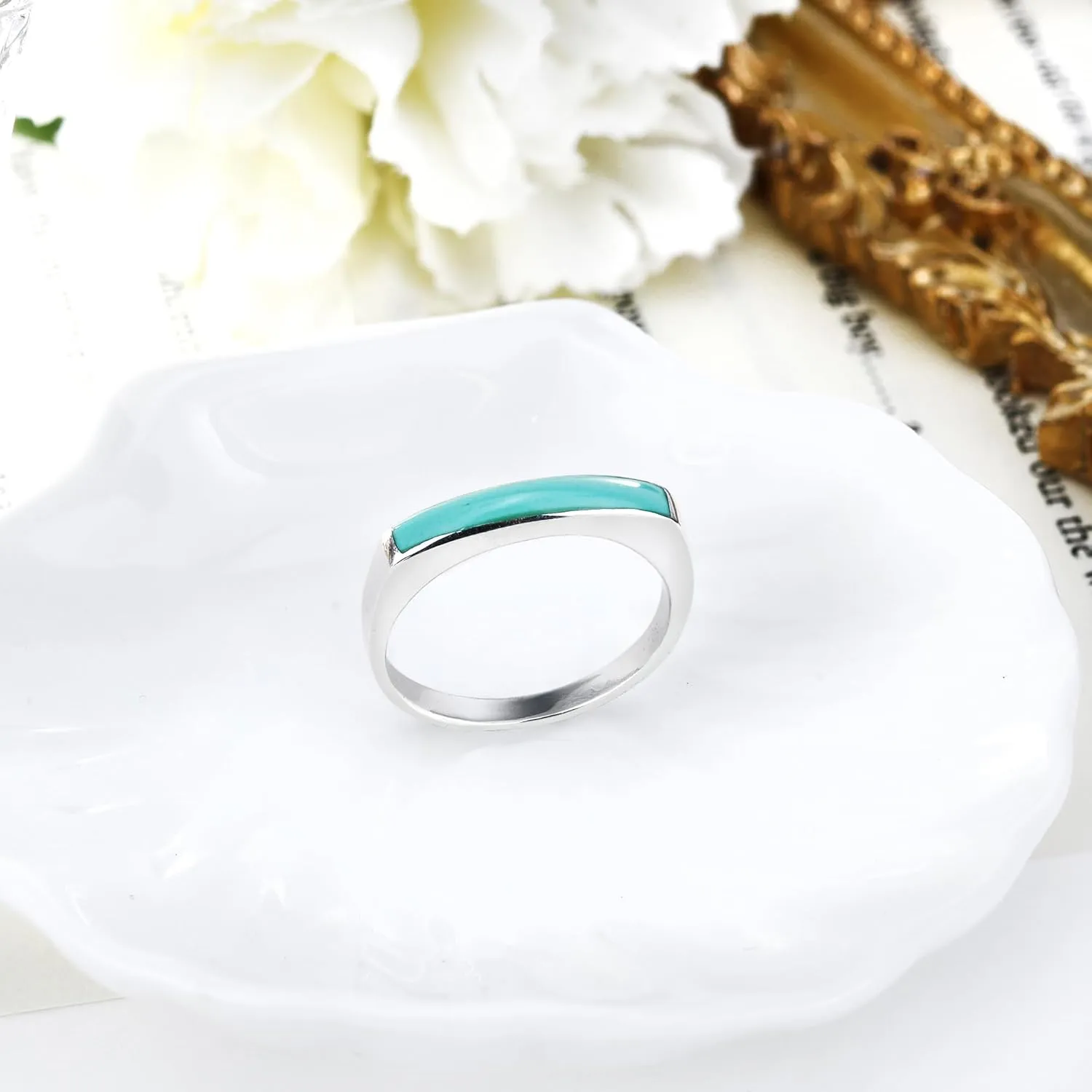 AeraVida Rectangular Bar Green Simulated Turquoise Stone Inlay .925 Sterling Silver Ring | Classic Wedding Rings For Women | Casual Comfort Fit Silver Rings for Women