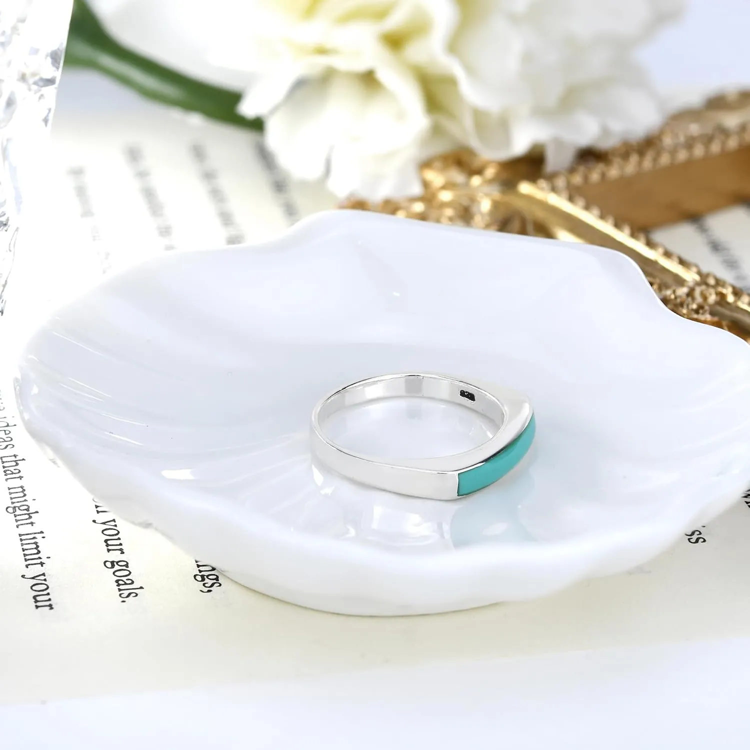 AeraVida Rectangular Bar Green Simulated Turquoise Stone Inlay .925 Sterling Silver Ring | Classic Wedding Rings For Women | Casual Comfort Fit Silver Rings for Women