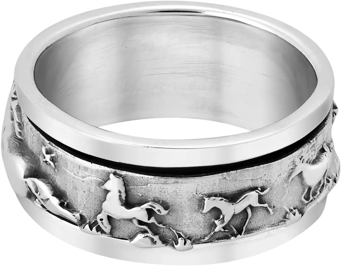 AeraVida Warrior Stallions Running Horse Spinner .925 Sterling Silver Ring (7-10) | Animal Horse Ring for Women | Unisex Fashion Jewelry