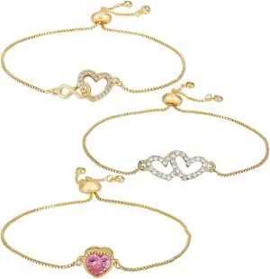 AHANDMAKER 3Pcs 3 Styles Golden Heart Charms Bracelet Set, Stackable Bracelets, Adjustable Bracelets Fashion Jewelry Gift Set for Friendship Anniversary Birthday Christmas