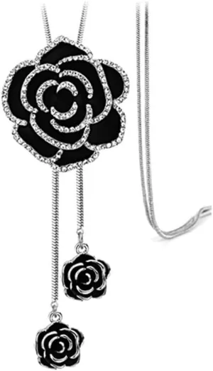 Ailiessy Rose Flower Pendant Necklace Adjustable Rhinestones Rose Flower Long Sweater Chain Necklace for Women Elegant Jewelry