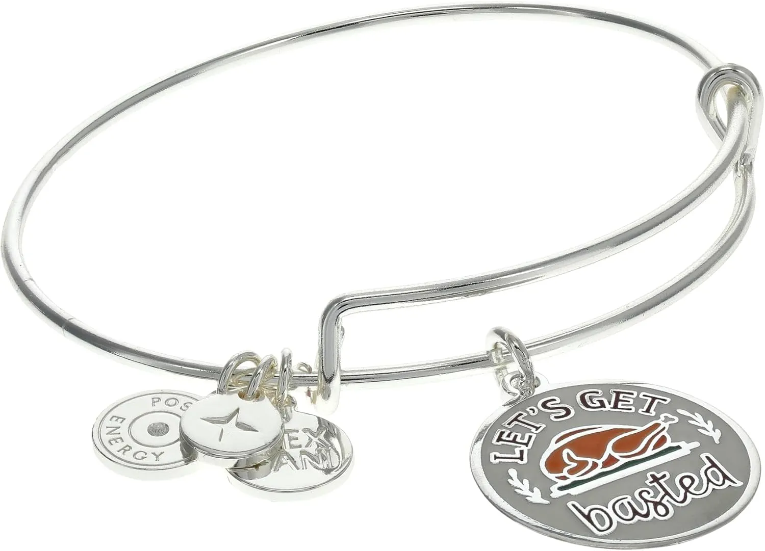Alex and Ani Let's Get Basted Bangle Bracelet, Shiny Silver Finish, Orange Charm, 2 to 3.5 in