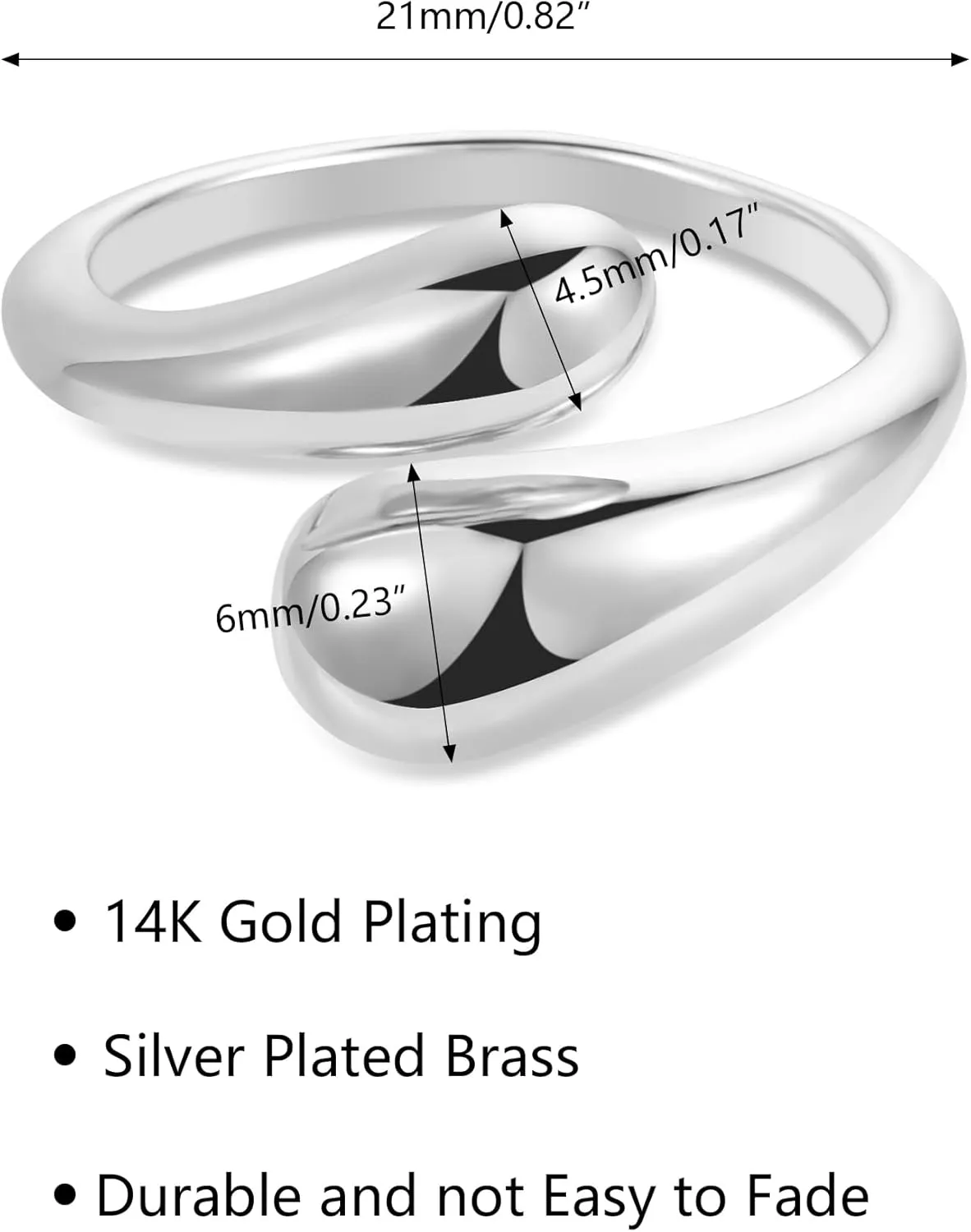 ALEXCRAFT Rings for Women, Hypoallergenic 14K Gold Plated Chunky Teardrop Water Drop Ring Silver Adjustable Large Thick Smooth Curved Open Thumb Finger Rings for Women Men