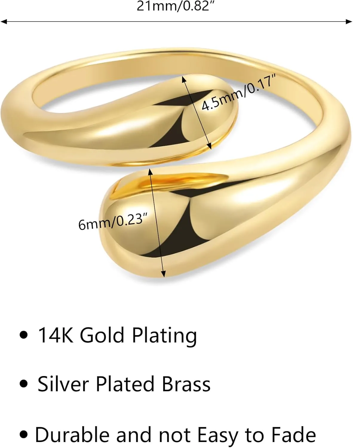ALEXCRAFT Rings for Women, Hypoallergenic 14K Gold Plated Chunky Teardrop Water Drop Ring Silver Adjustable Large Thick Smooth Curved Open Thumb Finger Rings for Women Men