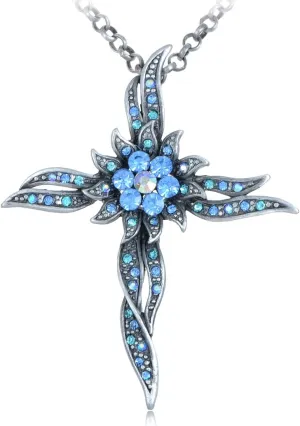 Alilang Silvery Tone Shiny Crystal Rhinestones Cross Sun Flower Pendant Necklace
