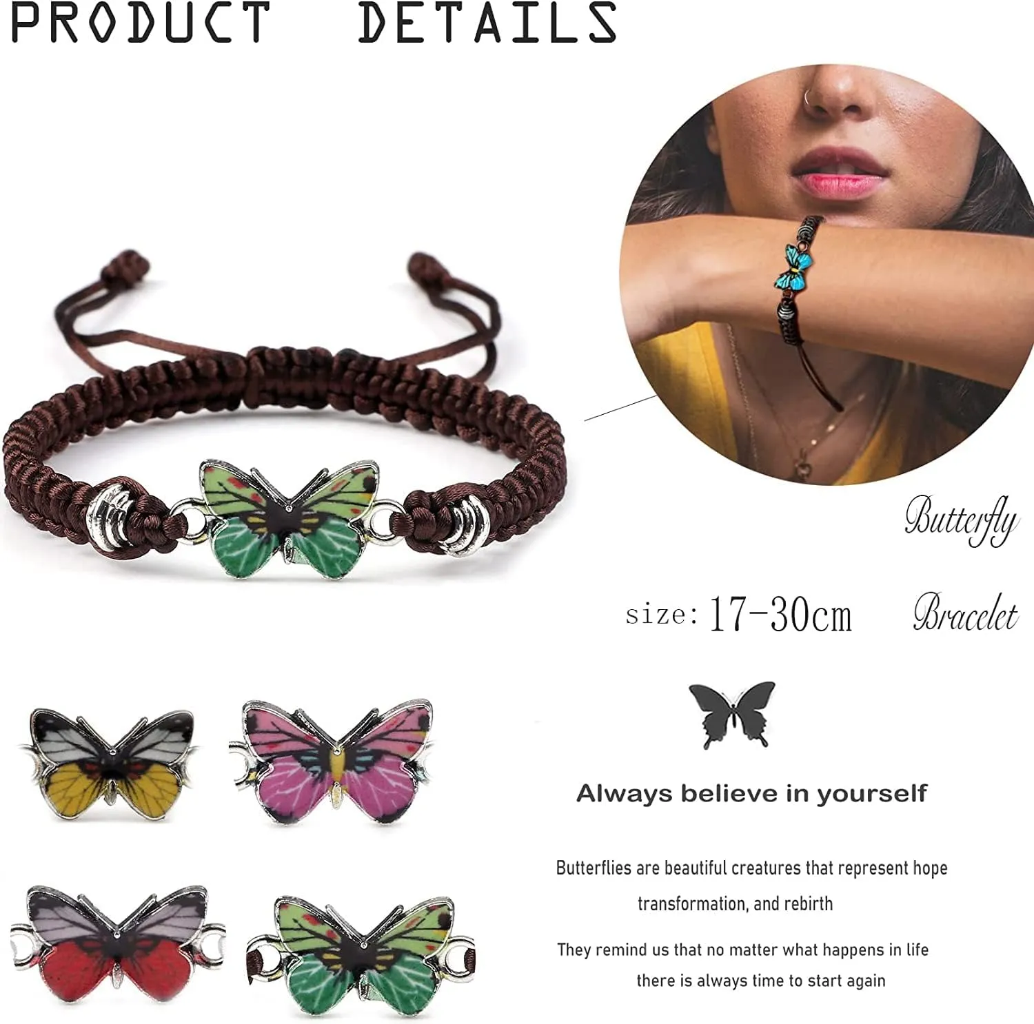 Always Believe in Yourself Butterfly Bracelet Adjustable String Butterfly Bracelets Cute Butterfly Charm Bracelets Bracelet Suitable For Women Butterfly Jewelry