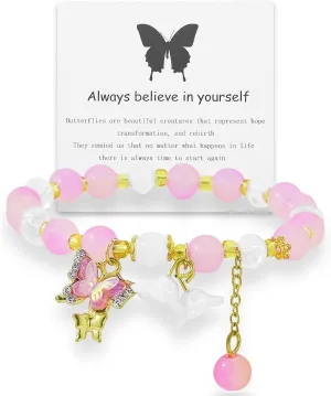 Always Believe in Yourself Butterfly Bracelet Cute Butterfly Flower Charm Bracelets for Women Elastic Crystal Bead Bracelets Lucky Butterfly Friendship Matching Bracelet for Daughter