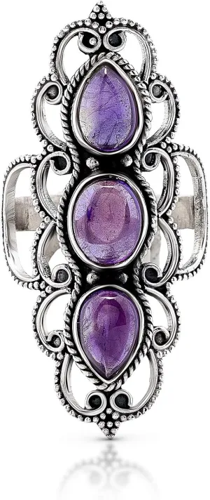 Amethyst 3 Stones 925 Sterling Silver Ring - Delicate BOHO Chic Jewelry - Fashionable and Stylish for Women with Velvet Gift Bag/Box - Made by Indian Artisans - Size 6-10