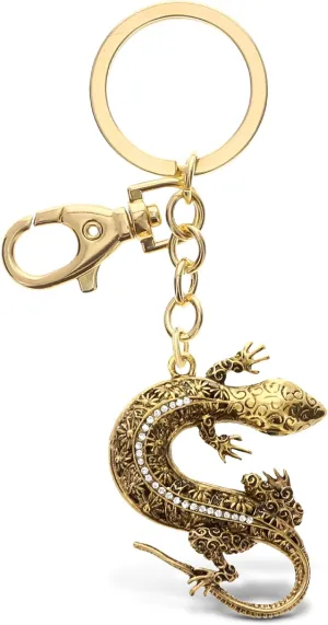 Aqua79 Gecko Keychain - Gold 3D Sparkling Charm Rhinestones Fashionable Stylish Metal Alloy Durable Key Ring Bling Crystal Jewelry Accessory with Clasp