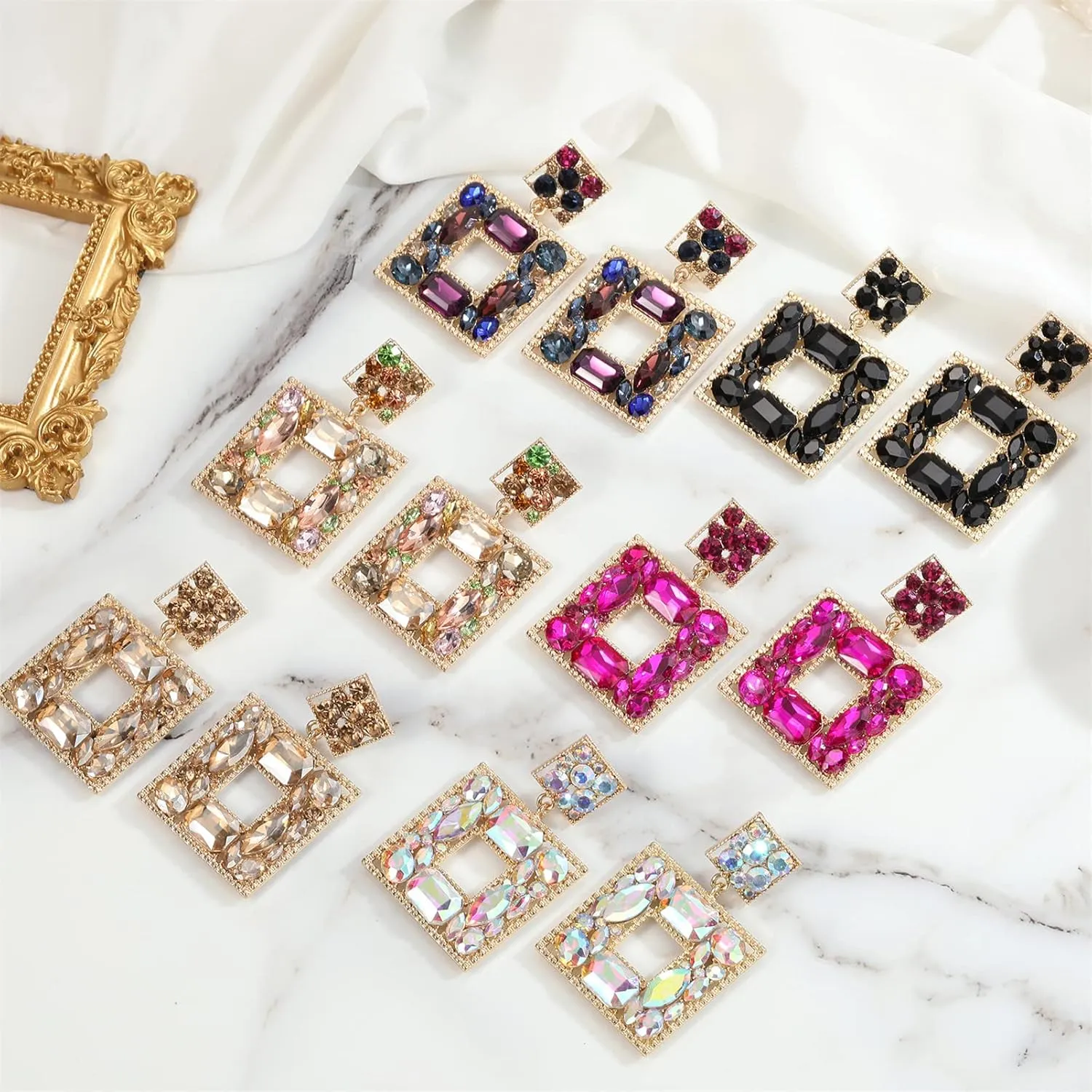 ATIMIGO Rhinestone Square Dangle Earrings Trendy Crystal Geometric Drop Statement Earrings hypoallergenic for Women