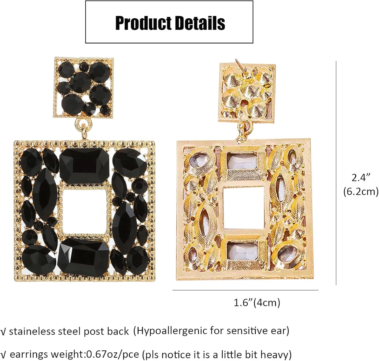 ATIMIGO Rhinestone Square Dangle Earrings Trendy Crystal Geometric Drop Statement Earrings hypoallergenic for Women