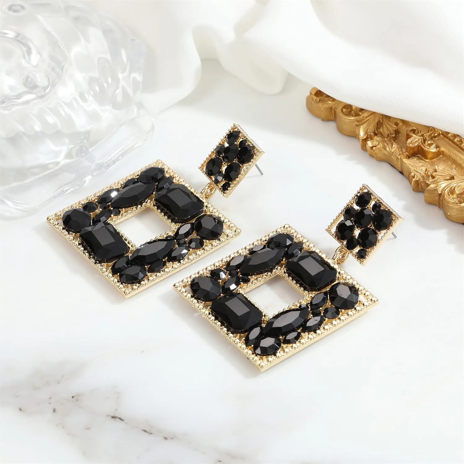 ATIMIGO Rhinestone Square Dangle Earrings Trendy Crystal Geometric Drop Statement Earrings hypoallergenic for Women