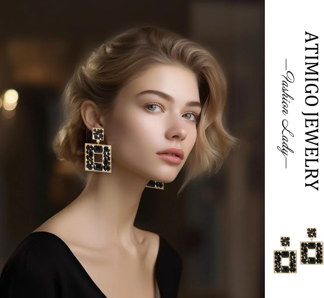 ATIMIGO Rhinestone Square Dangle Earrings Trendy Crystal Geometric Drop Statement Earrings hypoallergenic for Women