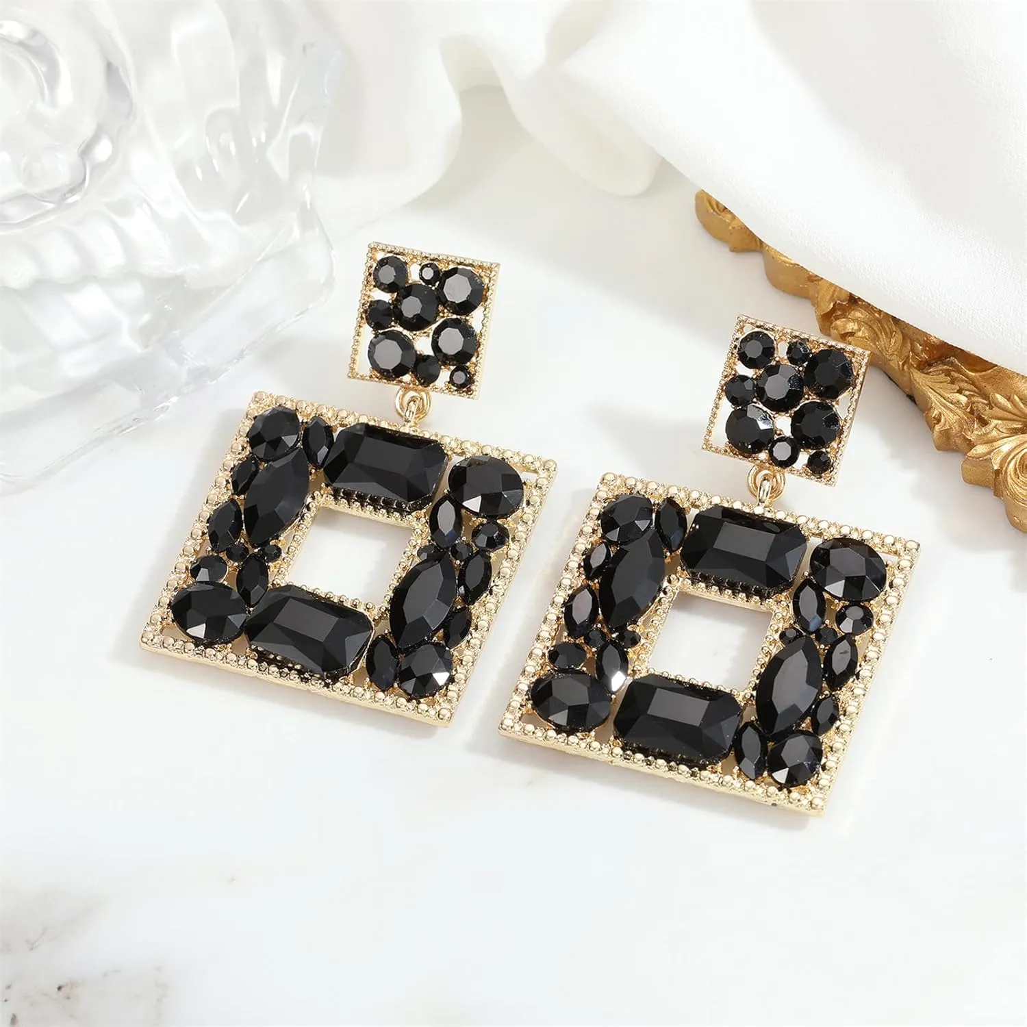 ATIMIGO Rhinestone Square Dangle Earrings Trendy Crystal Geometric Drop Statement Earrings hypoallergenic for Women
