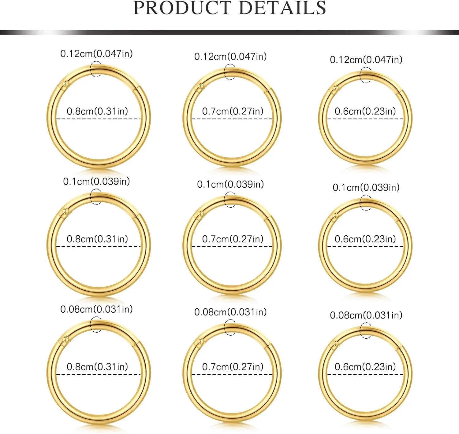 AVYRING Hypoallergenic Nose Rings 316L Surgical Steel Silver Gold Nose Hoops 18g 20g 16g Septum Ring Hinged Clickers Seamless Helix Cartilage Conch Earrings Hoop for Women Men 6mm 7mm 8mm