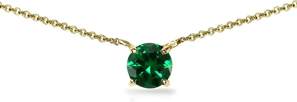B. BRILLIANT Emerald Necklace for Women Gold Flashed Sterling Silver 7mm Round Dainty Short Choker Simulated Green Gemstone Necklaces Birthday Bridesmaids