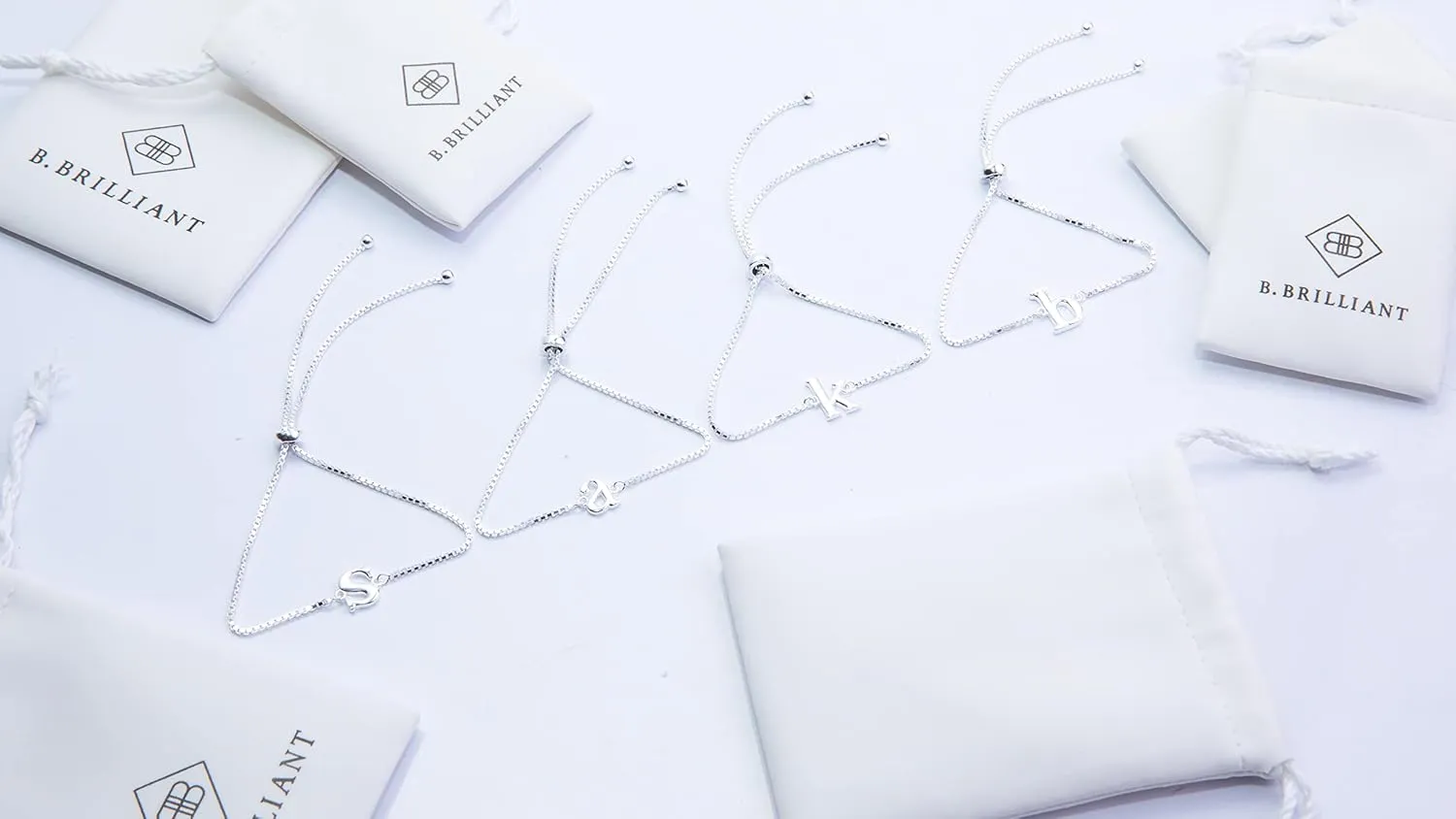 B. BRILLIANT Initial Bracelet for Women Sterling Silver Lowercase Alphabet Letter Name Personalized Gifts Adjustable Bracelets, A-Z