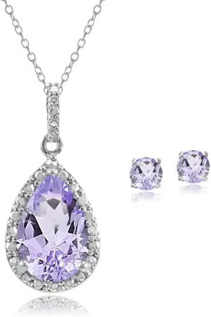 B. BRILLIANT Sterling Silver Gemstone Teardrop Necklace & Stud Earrings Gift Jewelry Set for Women